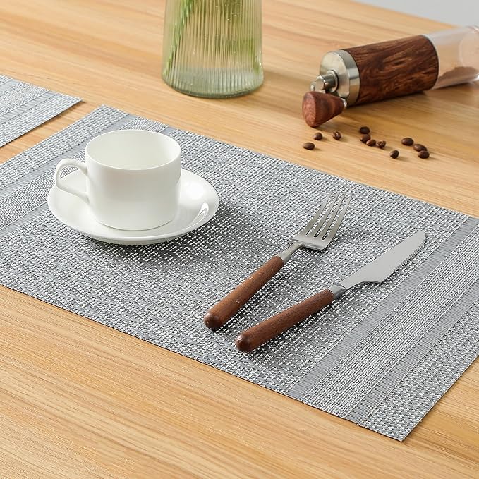 Leetaltree Lunar Grey Placemats Set of 4 - Heat Resistant Non-Slip Place mats for Dining Table, Washable Durable PVC Vinyl Woven Table Mats（Lunar Grey, 4）