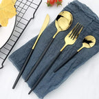 JASHII Flatware Serving Set 24 Piece, Stainless Steel Silverware Set, Titanium Black Gold Cutlery Set, Modern Elegant Tableware Set for Party, Christmas, Dinner (Black Gold)