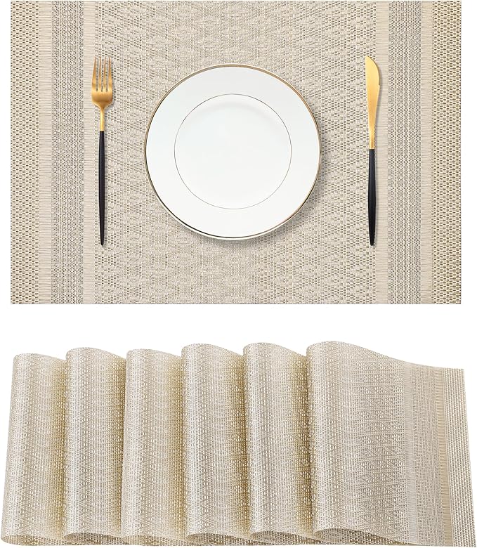 Leetaltree Stardust Yellow Placemats Set of 6 - Heat Resistant Non-Slip Place mats for Dining Table, Washable Durable PVC Vinyl Woven Table Mats（Stardust Yellow, 6）