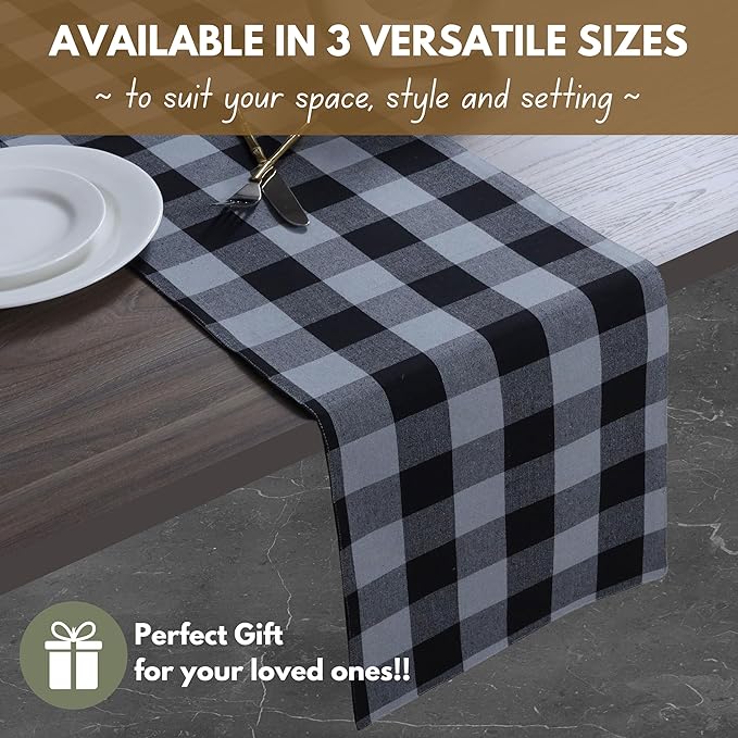 Native Fab Table Runner Buffalo Check Plaid 100% Cotton - 13x90 Inches Kitchen Dining Table Decoration for Indoor Outdoor Farmhouse Home Party Decor - Black, Grey
