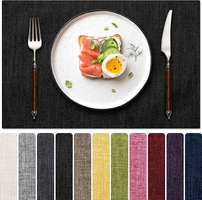 Blue Forest Placemats Set of 4, Dual-Layered Thickened Faux Linen Cloth Place Mats Heat Resistant Machine Washable Wrinkle Free Table Mats Indoor/Outdoor (Black)
