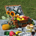Picnic Basket Set for 4 with Waterproof Blanket Mat Insulation Bag Wicker Green Plaid Classic Vintage Fresh Cottagecore Gift for Wedding Birthday Summer Outdoor Camping Beach Travel Christmas