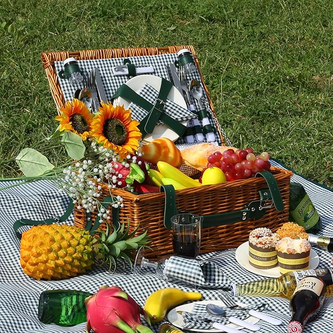 Picnic Basket Set for 4 with Waterproof Blanket Mat Insulation Bag Wicker Green Plaid Classic Vintage Fresh Cottagecore Gift for Wedding Birthday Summer Outdoor Camping Beach Travel Christmas