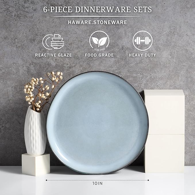 HaWare Stoneware Dinner Plates Set of 6, 10" Heavy Duty Ceramic Plates, Reactive Glaze Dinnerware for Home Restaurant, Chip and Scratch Resistant, Microwave and Dishwasher Safe, Reactive Foggy Blue