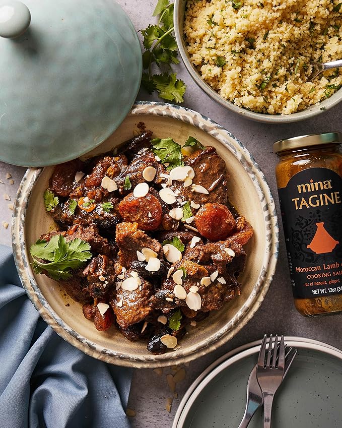 Mina Tagine Moroccan Simmer Sauce, 12 oz - Royal Ras El Hanout Spice Blend for Beef & Lamb, Tagine Sauce Made with Ginger, Cinnamon, Saffron, Olive Oil, Non-GMO, Gluten Free