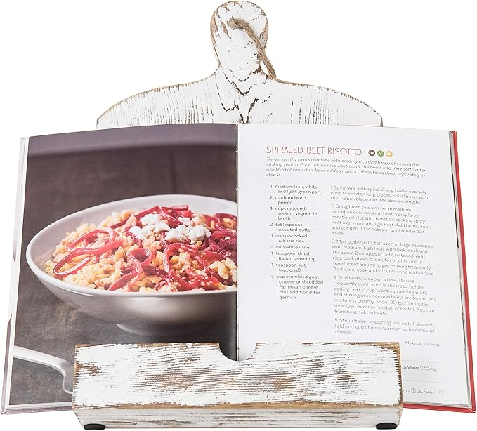 MyGift Recipe Book Holder, Whitewashed Wood Cutting Board Style Cookbook Holder, Wooden Book Stands for Display