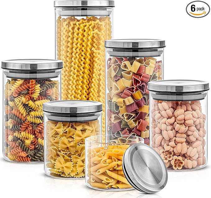 JoyJolt Kitchen Canister Set. 6 Glass Jars with Lids (Stainless Steel) Lids. Airtight Food Storage Containers for Pantry or Counter. Versatile Pantry Organization, Sugar Container or Cereal Canisters