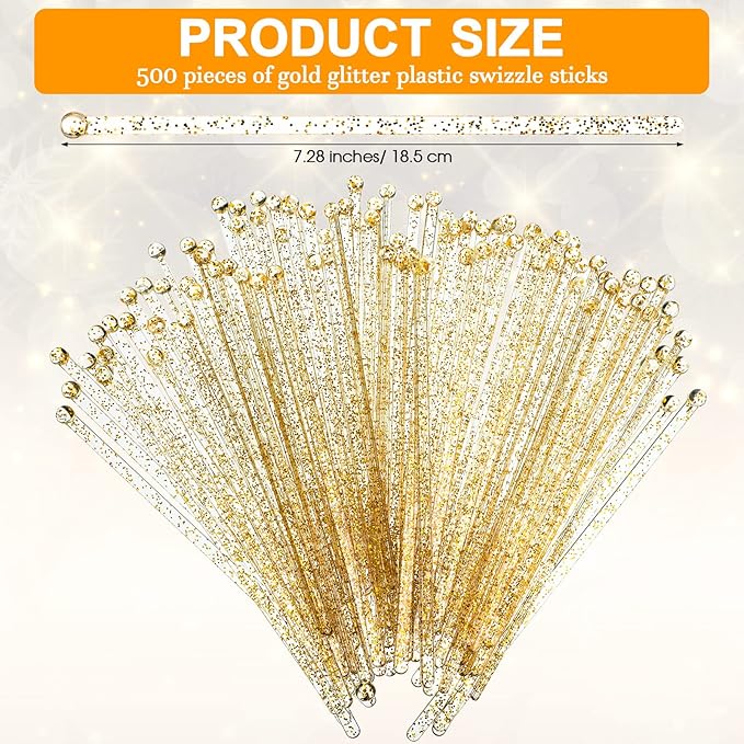 500 Pcs Gold Glitter Plastic Swizzle Sticks Crystal Cake Pops Disposable Cocktail Stir Sticks Round Ball Top Stirrers Gold Lollipop Stick for Drinks Coffee Cocktail, 7.28 Inches
