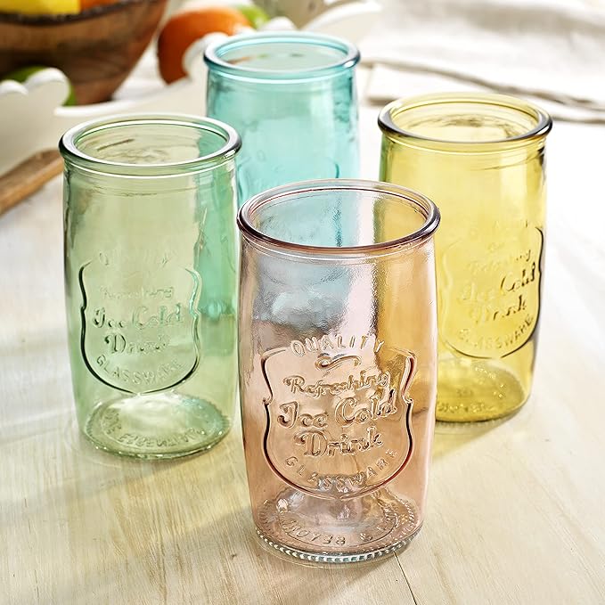 Glaver's Colored Glassware, Ice Cold Drinking Glasses Set of 4 – 18 Oz Vintage Glass Cups for Kitchen, Dining Table – Multi- Colors Glass Tumblers. Hand Wash.