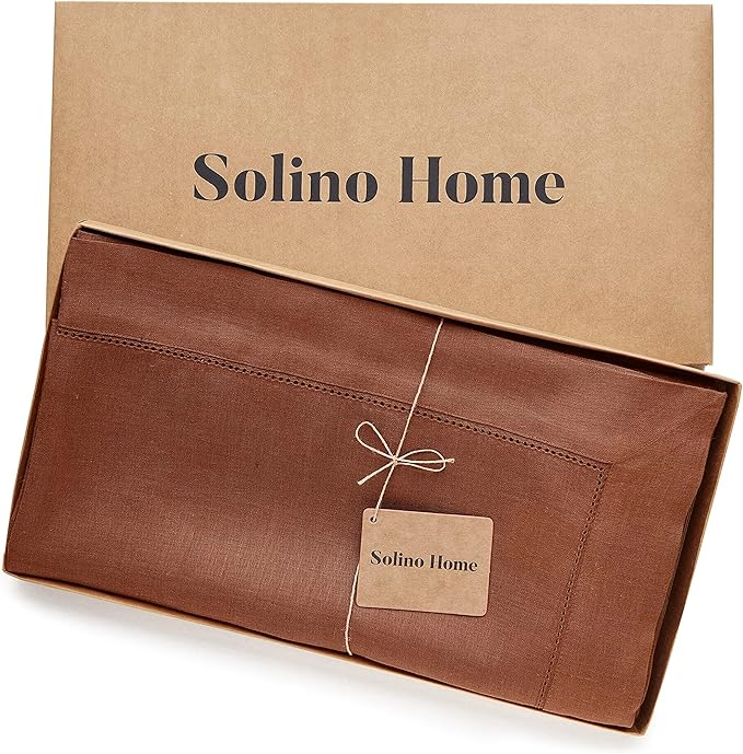Solino Home Linen Cinnamon Tablecloth 60 x 132 Inch - Classic Hemstitch, 100% Pure Linen Rectangular Tablecloth - Machine Washable Table Cloth for Fall, Autumn, Halloween