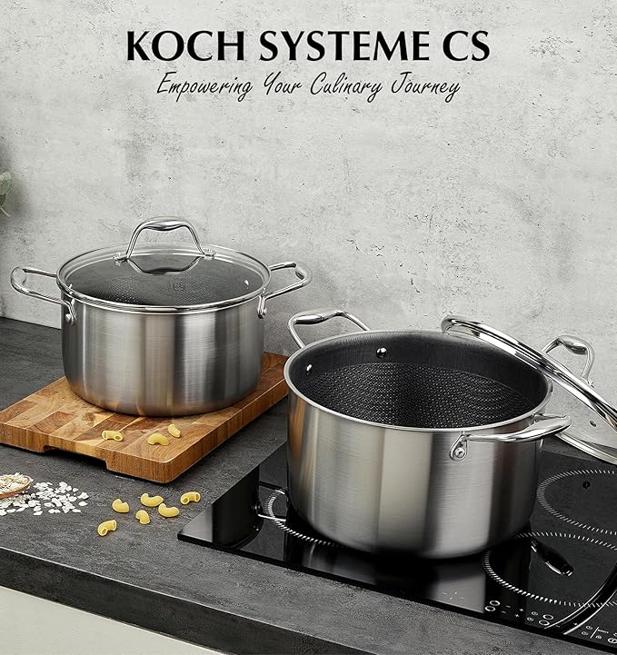 KOCH SYSTEME CS Tri-ply Stainless Steel Stock Pot, 8-Quart Nonstick Hybird 18/10 Stainless Steel Pot with Lid, Soup Pots with Nonstick Honeycomb Interior, Compatible with All Cooktops, Oven Safe