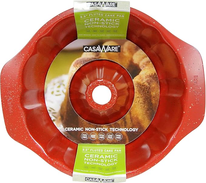 casaWare Fluted Cake Pan 9.5-inch (10-Cup) Ceramic Coated NonStick (Red Granite)