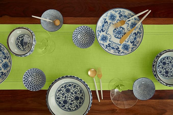 Solino Home Linen Lime Green Table Runner 120 Inches Long - 100% Pure Linen 14 x 120 Inch Table Runner for Summer - Double Hemstitch