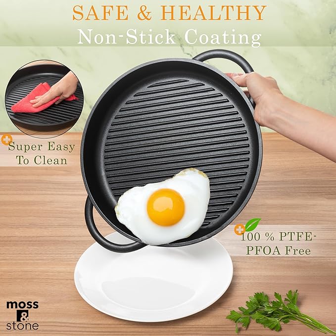 Moss & Stone Nonstick Grill Pan for Indoor Cooking 12", The Whatever Pan Cast Aluminum Griddle Pan for Stove Top Dishwasher & Oven Safe, Induction Grill Pan with Lid with Silicone handles PFOA Free