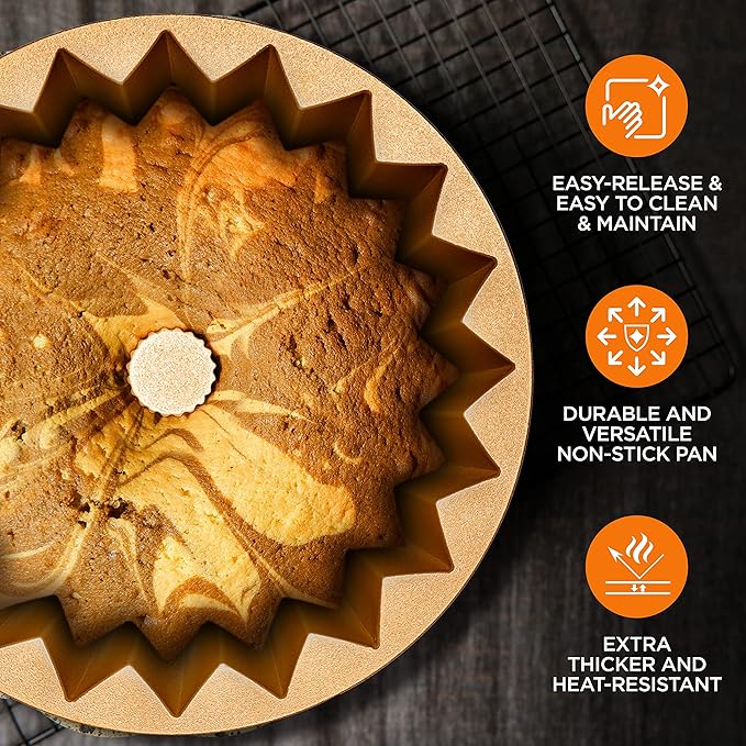 NutriChef 9-Inch Cake Pan - Thick and Heavy Cast Aluminum Bakeware Cake Mold with 2 Layers of Nonstick Coating - Fluted Lines Design for Uniform Baking Up To 500 Degrees - Easy to Clean, Gold