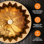 NutriChef 9-Inch Cake Pan - Thick and Heavy Cast Aluminum Bakeware Cake Mold with 2 Layers of Nonstick Coating - Fluted Lines Design for Uniform Baking Up To 500 Degrees - Easy to Clean, Gold