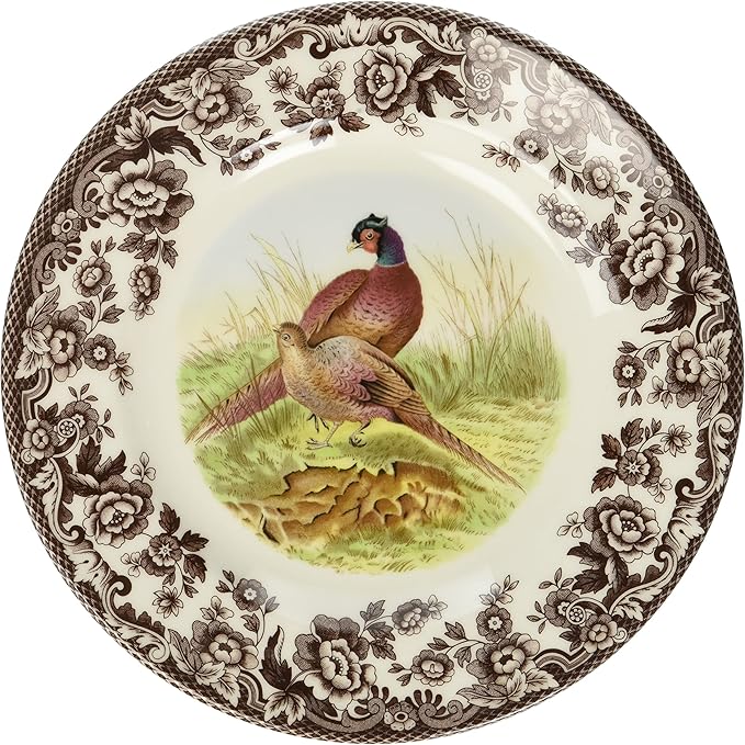 Spode Woodland Pheasant 8" Salad Plate - Rustic Fine Earthenware Dish with Game Bird and British Flowers Border - Made in England, Microwave, Oven, Freezer, Dishwasher Safe - Mix & Match with Delamere