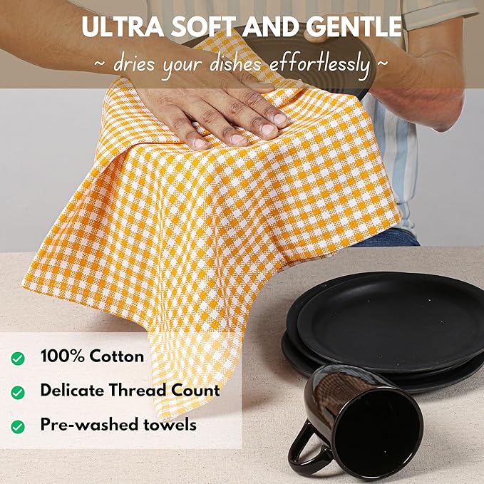 Native Fab 6 Pack Gingham Mini Check Kitchen Hand Towels Set - 100% Cotton Absorbent Reusable Washable 16"x26" - Quick Drying Dish Towels with Hanging Loops for Kitchen, Yellow White