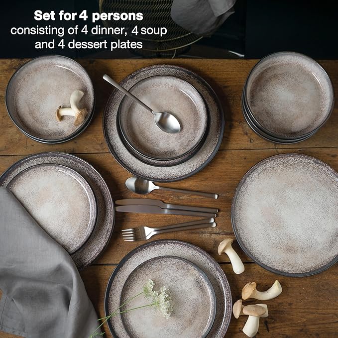 VIDA 12-Piece Porcelain Dinnerware Plate Set for 4 | Includes 4 Dinner Plates, 4 Dessert Plates, 4 Bowls | Modern Beige Ceramic Tableware, Stoneware Look, Microwave & Dishwasher Safe Dishes