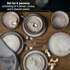 VIDA 12-Piece Porcelain Dinnerware Plate Set for 4 | Includes 4 Dinner Plates, 4 Dessert Plates, 4 Bowls | Modern Beige Ceramic Tableware, Stoneware Look, Microwave & Dishwasher Safe Dishes