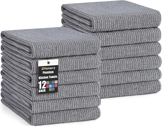 Homaxy Premium Kitchen Towels(18”x 28”, 12 Pack), Large Cotton Kitchen Hand Towels, Flat and Terry Dish Towels, 380 GSM Highly Absorbent Tea Towel Set with Hanging Loop, Grey