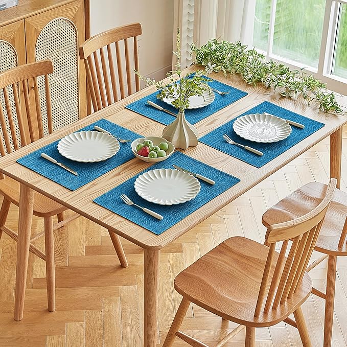 Softalker Faux Linen Placemats Set of 6-12 x 18 Inch, Heat Resistant Double Layered Durable Burlap Farmhouse Place Mats, Non-Slip Washable Rustic Table Mats for Dining, Kitchen, Party（Sky Blue