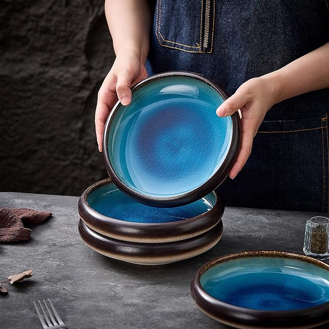 Ceramic Dinner Plates Set of 4, 8 Inch Large Porcelain Pasta and Salad Plates, Stoneware Plate Set for 4, Handmade Round Dishes for Home Decor, Microwave,Oven,and Dishwasher Safe, Blue