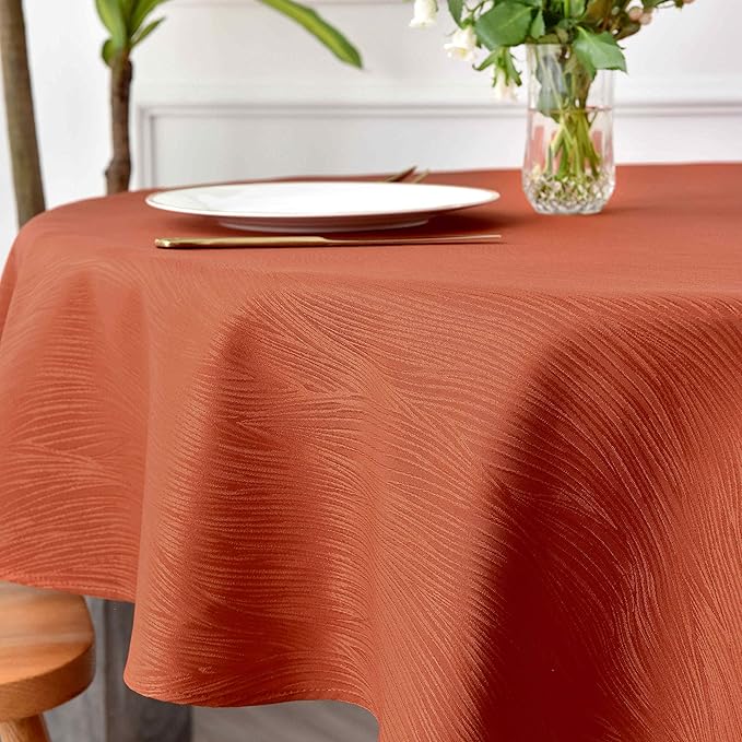 maxmill Round Jacquard Tablecloths Swirl Design Spillproof Wrinkle Free Heavy Weight Soft Table Cloth for Circular Table Cover Fall Harvest Thanksgiving Parties Holiday Dinner, Round 90 Inch Rust