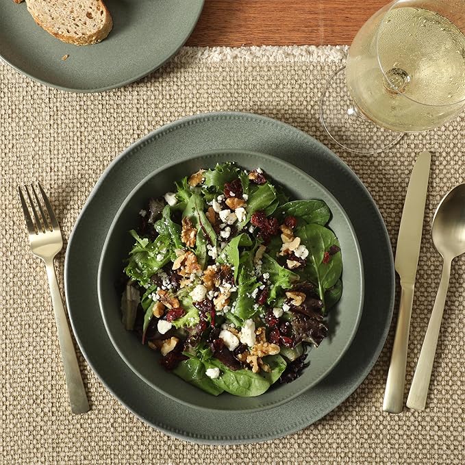 Gibson Elite Menlo Park 16-Piece Pottery Clay Stoneware Dinnerware Set – Green Reactive Glaze, Organic Shape Embossed Plates and Bowls W/Pasta Bowl, Service for 4 – Microwave & Dishwasher Safe