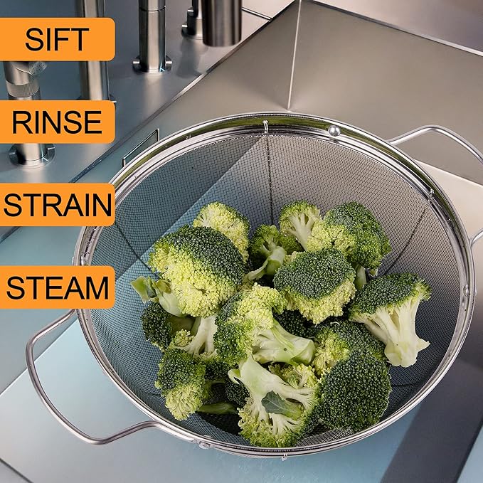 3 Pack 18/8 Stainless Steel Colander Sieves(5-Quart, 4-Quart and 3-Quart), Mesh Strainer Net Baskets with Handles & Resting Base for Strain, Drain, Rinse or Steam