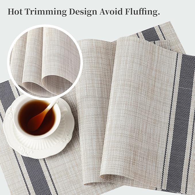 Leetaltree Khaki-Blue Placemats, Heat Resistant Non-Slip Place mats for Dining Table, Washable Durable PVC Vinyl Woven Table Mats (Set of 12)