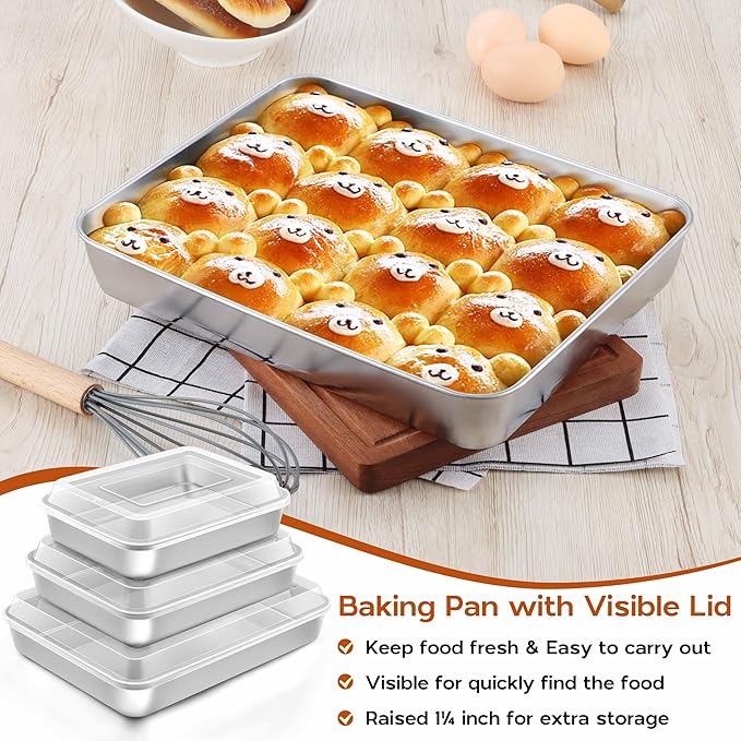 9¾ x 12½ x 2 Inch Baking Pans Set, Rectangle Sheet Cake Pan with Lid, Stainless Steel Bakeware for Lasagna Brownie Casseroles