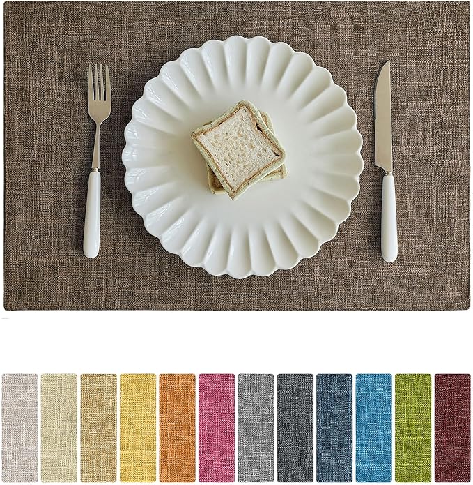 Softalker Faux Linen Placemats Set of 12-12 x 18 Inch, Heat Resistant Double Layered Durable Burlap Farmhouse Place Mats, Non-Slip Washable Rustic Table Mats for Dining, Kitchen, Party（Brown