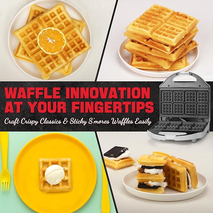 Square Waffle Maker, 2 x 4" Mini Classic Waffles Maker Machine, Waffle Iron, Dual Cooking Plates for Family Breakfast, Non-stick, White