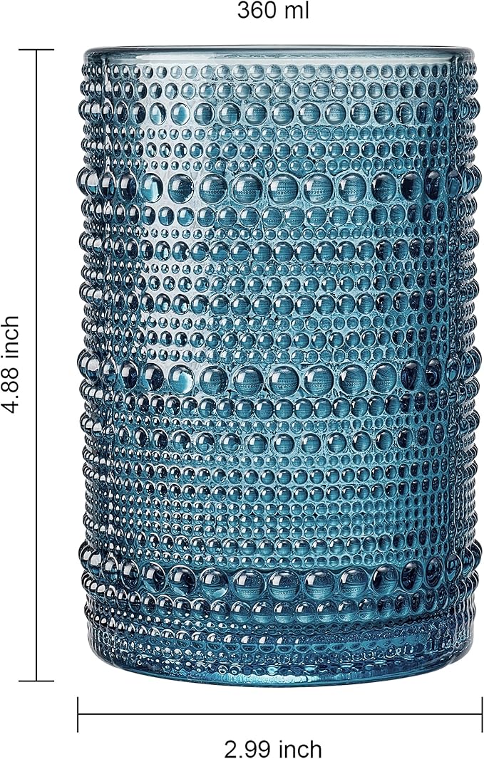 Khen Beaded Highball Drinking Tumbler Set | Set of 6 | Fall & Holiday Decor Vintage Hobnail 12 OZ Muted Bubble Design Whiskey Glassware, Old-Fashioned, Embossed Design Glass for Water Wine, Cocktail