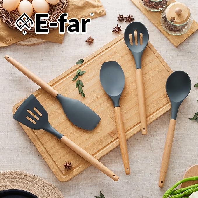 E-far Silicone Cooking Utensils Set, 5-Piece Kitchen Utensils Set with Wooden Handle for Cooking, Silicone Kitchen Nonstick Tools Spatula Turner Slotted Spoons, Nontoxic & Heat Resistant-Gray