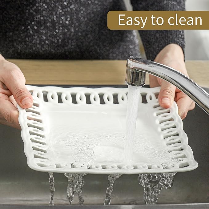 Ceramic Square Dinner Plates, 11 inch Square Serving Plate Set of 4 for Steak Pasta Salad Snacks Pizza Appetizer, New Bone Porcelain Plates with Lace Rim, Party Wedding Birthday Christmas Gift, White