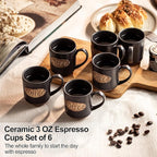 LYEOBOH Coffee Cups, Tea Cup, Espresso Cups, Coffee Mugs Set of 6, 3 oz Ceramic Espresso Cups, Cute Mini Demitasse Cups with Handle for Coffee Bar & Home Microwave & Dishwasher Safe, Black