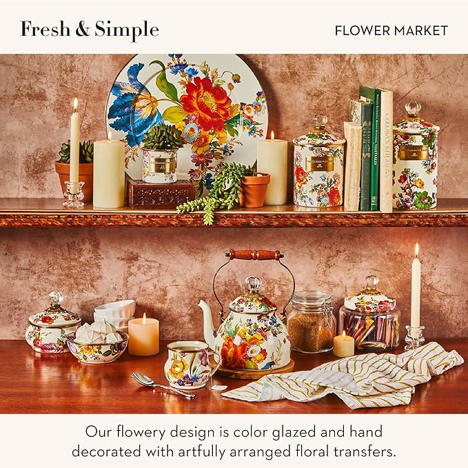 MACKENZIE-CHILDS Enamel Tea Kettle, Stylish Tea Kettle for Stovetop, White Flower Market, 2 Quarts