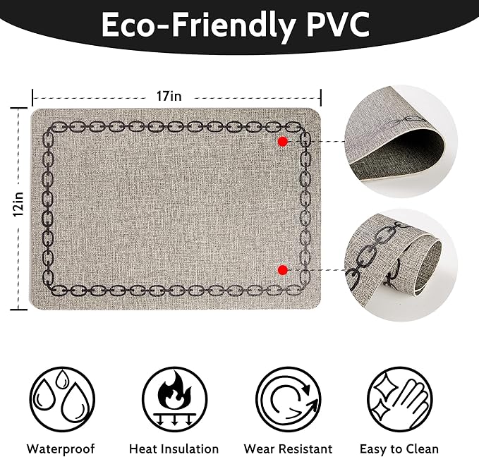 Placemats Set of 6, Heat Resistant & Waterproof Table Mats for Dining, Non Slip Scratch Proof Place Mats for Kitchen, Easy to Clean - Outdoor,Indoor Use（17x12 Inch）