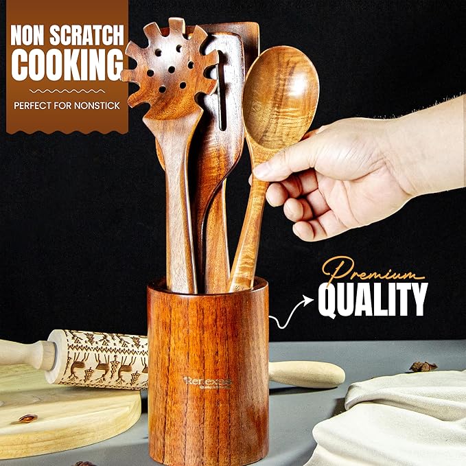 Wooden Spoons for Cooking Utensils, Natural Teak Wooden Cooking Spoons with Nonstick Spatula Set, Bamboo Kitchen Utensils With Holder, Wood Spoon Set for Kitchen Essentials (9)