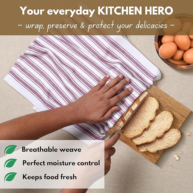 Native Fab Kitchen Dish Towels 16x26 inches - Set of 12 - Basket Weave 100% Cotton Striped Tea Towels, Wash Cloths for Drying Dishes, Absorbent Hand Towels with Hanging Loop - Burgundy