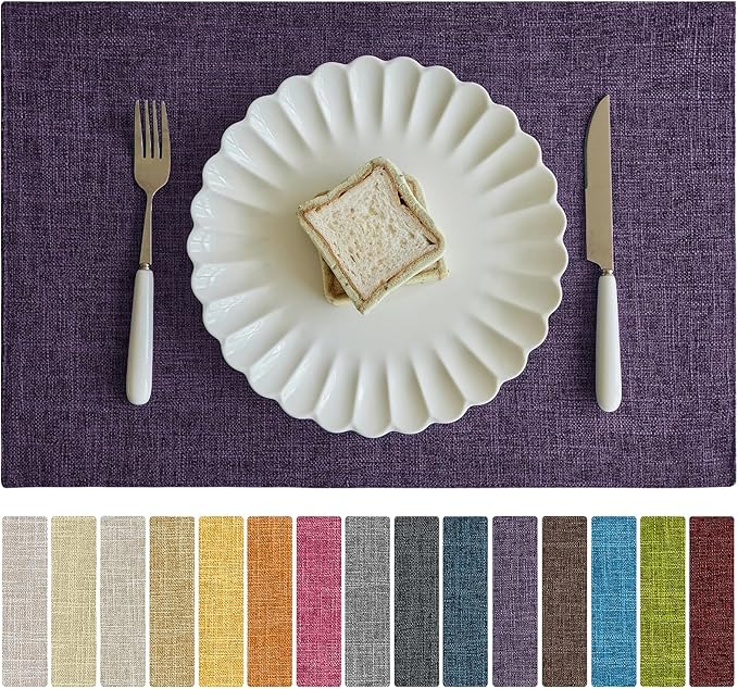 Softalker Faux Linen Placemats Set of 6-12 x 18 Inch, Heat Resistant Double Layered Durable Burlap Farmhouse Place Mats, Non-Slip Washable Rustic Table Mats for Dining, Kitchen, Party（Purple