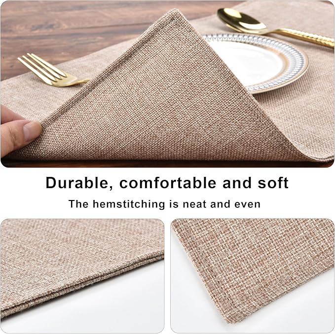 Cloth Placemats Set of 6 - Double Thickened Easy to Clean Linen Style Fabric Placemats - Machine Washable Placemats- Heat Resistant Non-Slip Table Mats - 18x12 Inch (Natural Linen, 6)