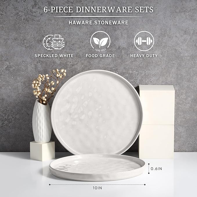 HaWare Stoneware Dinner Plates Set of 6, 10" Heavy Duty Ceramic Plate, Reactive Glaze Ripple Dinnerware for Home Restaurant, Chip and Scratch Resistant, Microwave and Dishwasher Safe, Speckled White