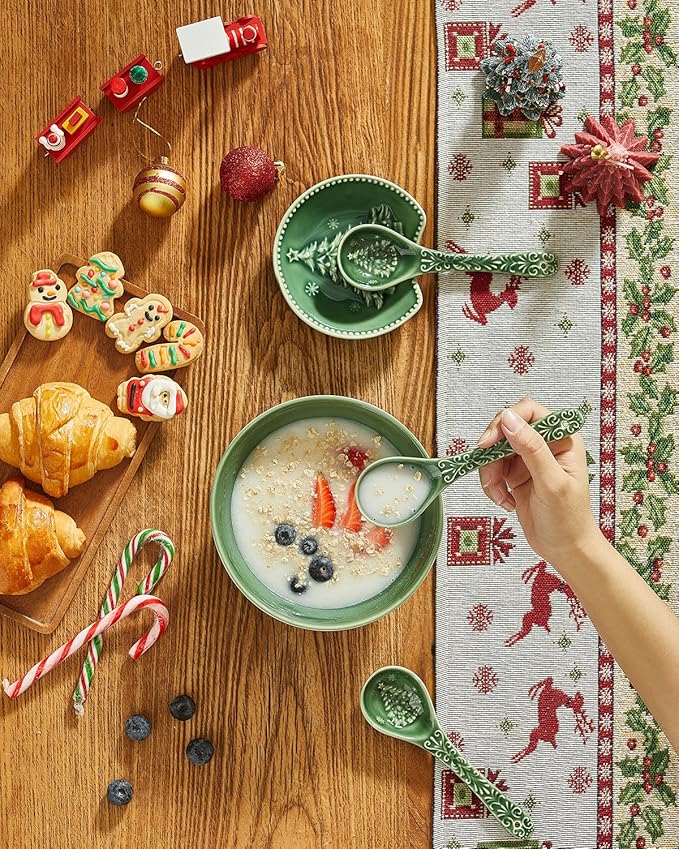 Christmas Tree Spoons, Ceramic Small Serving Spoons for Soups, Cereal, Ice Cream, Condiments, Dips, Charcuterie Boards, Dishwasher & Microwave Safe, Green, Set of 6