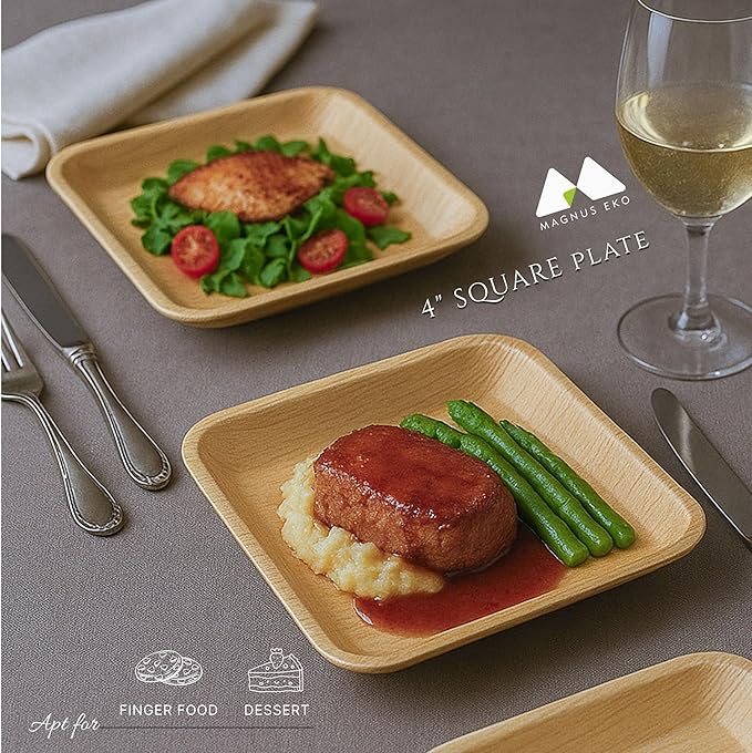 | 4" Square Palm Leaf Plates (50 Pcs) Disposable Plate Bamboo Like Party Pack, Compostable & Biodegradable Plate for Desserts, Eco Friendly Alternative to Plastic Bowl Paper Plates
