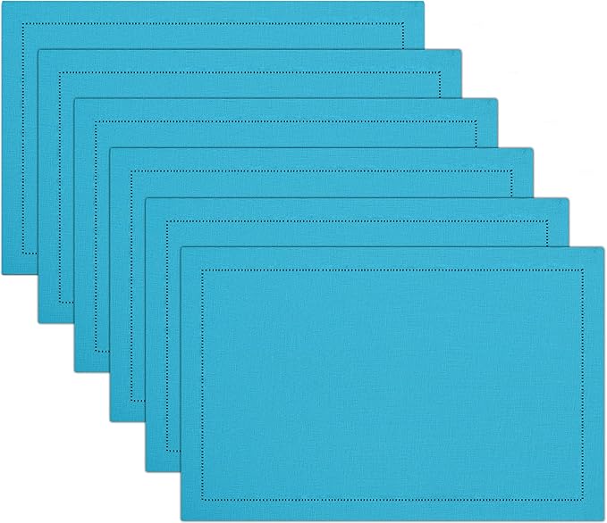 Ruvanti Linen Placemats Set of 6-13x19 Inch, Classic Hemstitch, Heat ‎Resistant Machine Washable Place Mats, Soft & Elegant- Perfect for Christmas, ‎Thanksgiving, Easter, Weddings, Dinner - Blue
