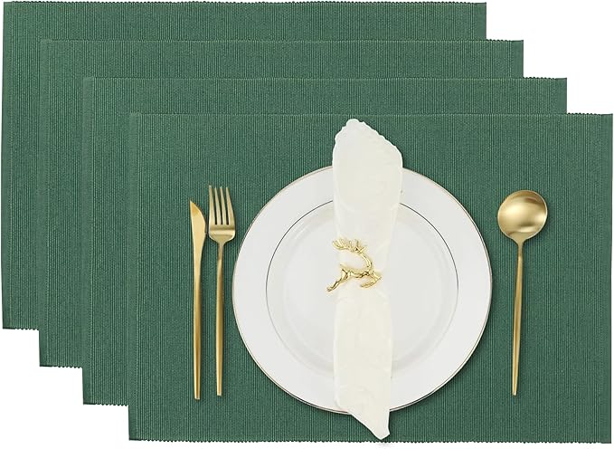 Cloth Placemats Set of 4, Cotton Blend Durable Layered Table Mats, Non-Slip Wrinkle Free Place Mats for Dining Table, Easy to Clean (Foliage Green, 13x19 Inch)