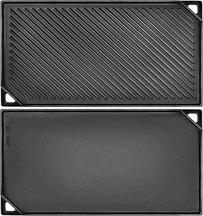 GGC Reversible Cast Iron Griddle, Double-sided Griddle Pan for Stove Tops, Gas Grills and Outdoor Cooking, 16.5 x 9.5 Baking Flat and Ribbed Griddle Plate